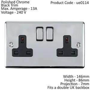 2 Gang Double UK Plug Socket POLISHED CHROME & Black 13A Switched Power Outlet