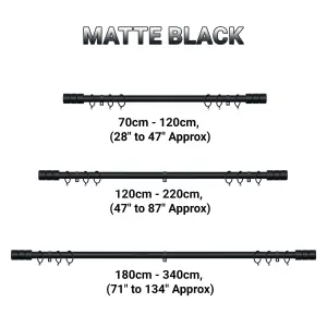 A.Unique Home Plain Barrel Metal Extendable Curtain Pole with Rings and Fittings (25/28mm) - Matte Black, 120cm - 220cm Approx