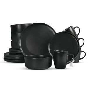 16 Piece Stoneware Dinnerware Set - Service for 4 Black