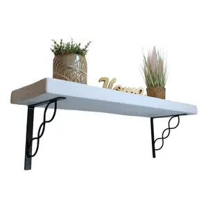 Solid Wood Handmade Rustical Shelf White 225mm 9 inch with Black Metal Bracket WPRP Length of 90cm