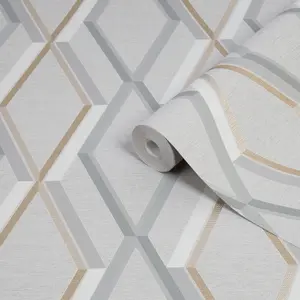 Superfresco Easy Prestige Grey Gold effect Geometric Smooth Wallpaper