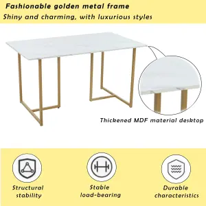 L-shaped Support Legs Rectangular Dining Table in Modern Marble Pattern Kitchen Table with Adjustable Feet, White/Golden