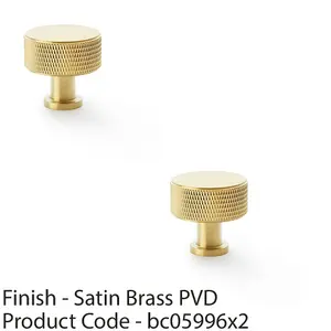 2 PACK - Round Knurled Door Knob - 35mm Diameter Satin Brass Radio Cupboard Pull Handle