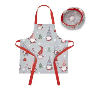 Catherine Lansfield Kitchen Christmas Gnomes Kids 48x55 cm Apron & Hat Set , 20x24 cm Grey Red