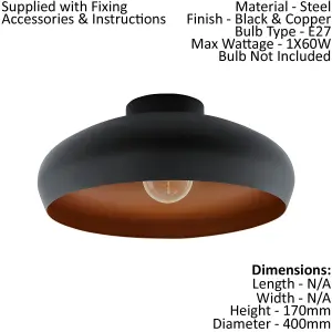 Semi Flush Ceiling Light Black & Copper Round Shade 1 x 60W E27 Bulb Feature