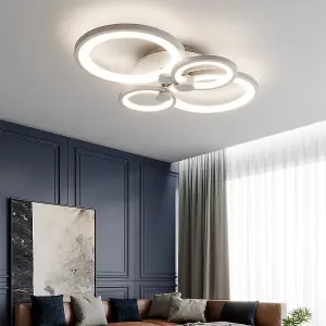 Modern 4 Circular White Metal and Acrylic LED Semi Flush Ceiling Light Fixture for Nordic Decor, Dimmable