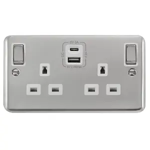 Curved Polished Chrome 2 Gang 13A DP Ingot Type A & C USB Twin Double Switched Plug Socket - White Trim - SE Home