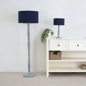 ValueLights Victoria Traditional Grey Wood Candlestick Floor Lamp with Navy Blue Drum Shade - LED Bulb Included