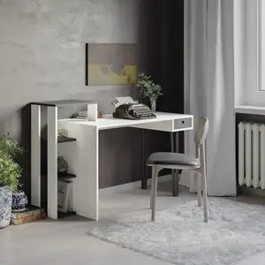 Decortie Modern Loyd Study Desk Large Workspace Built-in Bookshelves Drawer Ancient White Anthracite Grey Width 141cm