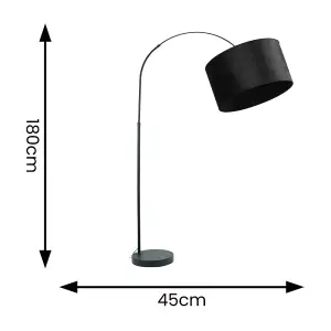 ValueLights Louis Black Arched Curved Floor Lamp with Black Velvet Drum Lamp Shade and LED Bulb