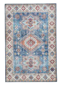 Dark Blue Traditional Easy to Clean Bordered Geometric Rug For Dining Room Bedroom And Living Room-60 X 225cm