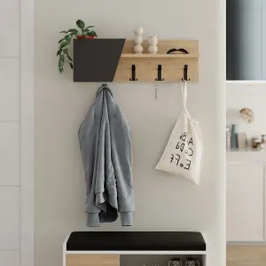 Decortie Modern Eleva Wall-Mounted Hanger Oak, Anthracite Engineered Wood with 4 Black Metal Hooks 74(D)x15.7(D)x26(H)cm