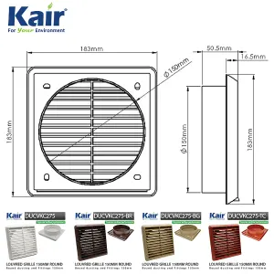 Kair White Louvred Grille 183mm External Dimension Wall Ducting Air Vent with Round 150mm - 6 inch Rear Spigot