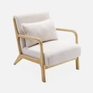 sweeek. Scandi-style boucle wooden armchair with cushion Lorens boucle White 65x80x79 cm