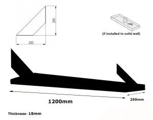 Solid Pine Rustical Shelf Medium Oak with Black FLAT Bracket 25x120cm