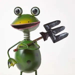 Homescapes Metal Frog with Garden Fork and Flower Pot, 28 cm Tall