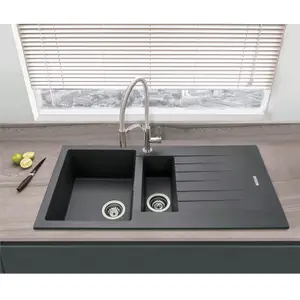 Liquida LG150BL 1.5 Bowl Granite Reversible Inset Black Kitchen Sink With Waste