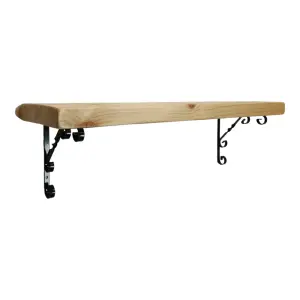 Solid Wood Handmade Rustical Shelf Primed 225mm 9 inch with Black Metal Bracket WO Length of 170cm