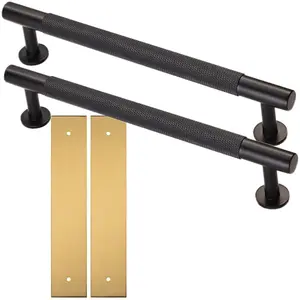 2 PACK - Pull Handle & Contrasting Backplate Set - Knurled Round T Bar - Matt Black & Satin Brass