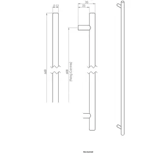 4x T Bar Cupboard Pull Handle 668 x 12mm 608mm Fixing Centres Matt Black