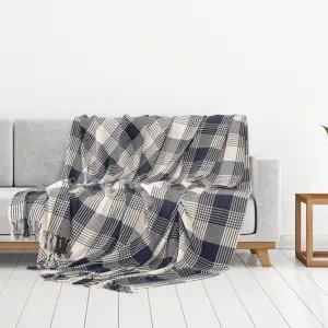 EHC Premium Reversible 100% Cotton Large 250 x 380cm Super King Size Tartan Throws for Sofa, Bedspread Navy Blue