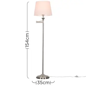 ValueLights Sinatra Adjustable Swing Arm Floor Lamp In Brushed Chrome Finish with Pink Light Shade