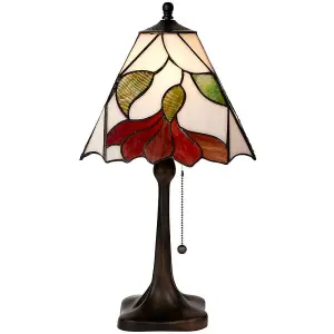 Tiffany Glass Table Lamp Light Dark Bronze & White / Red Floral Shade i00176