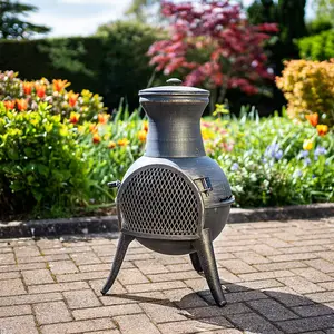 El Clasico Chimenea - Weatherproof Metal Outdoor Garden Patio Log Wood Burner Fire Pit Bowl with Mesh Door - H69 x 38cm Diameter