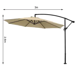 3M Large Rotatable Garden Sun Shade Cantilever Parasol Patio Hanging Banana Umbrella Crank Tilt No Base, Khaki