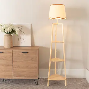 ValueLights Hiru 3 Tier Shelved Wooden Floor Lamp with Linen Rust Trim Scallop Tapered Shade and LED Bulb