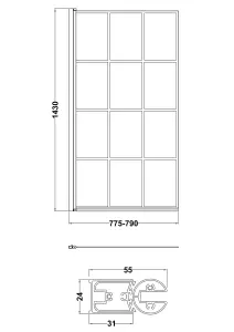 Black Grid Reversible Hinged Shower Bath Screen with 6mm Toughened Safety Glass