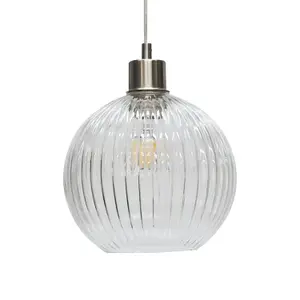 First Choice Lighting Set of 2 Betchley Clear Ribbed Glass Globe with Satin Nickel Pendant Fittings