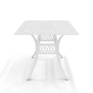 White Vintage Rectangular Cast Aluminum Outdoor Bistro Dining Table with Umbrella Hole 150 cm