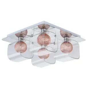 Polished Chrome Ceiling Light, Decorative Inner mesh in Copper with glass Shades