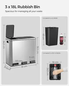 Recycling Bin, Trio Trash Can, 3 x 18L, with 3 Compartments, Soft-closing Lids, Pedals, Fingerprints Proof Stainless Steel