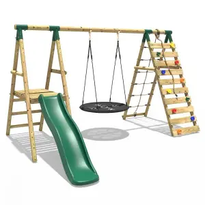 Rebo Wooden Swing Set with Deck and Slide plus Up and Over Climbing Wall - Pyrite Green