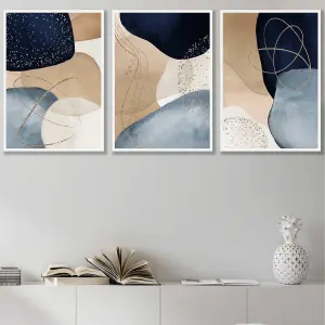 Set of 3 Abstract Blue, Beige, Gold Shapes Wall Art Prints / 42x59cm (A2) / White Frame