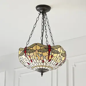 Luminosa Dragonfly Tiffany 3 Light Medium Inverted Ceiling Pendant Bronze, Beige