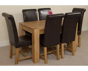 Kuba 125 x 80 cm Chunky Oak Small Dining Table and 6 Chairs Dining Set with Washington Brown Leather Chairs