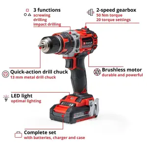 Einhell Power X-Change Cordless Combi Drill 50Nm BRUSHLESS With Battery Charger And Carry Case - TE-CD 18/50 Li-i BL