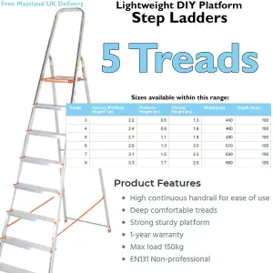 1.1m Lightweight Aluminium Platform Step Ladders 5 Tread Anti Slip DIY Steps