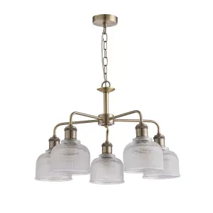 nielsen Shawford 5 Way Elegant Ceiling Light Chandelier, Antique Brass with Halophane Glass Shades, 56.5 Wide