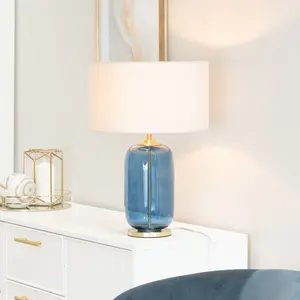 ValueLights Leigh Navy Blue Glass and Gold Detail Table Lamp with Natural Drum Shade Light - LED Bulb Included