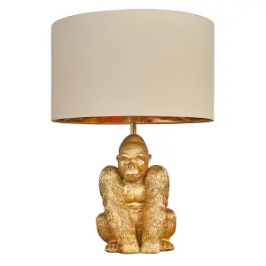 ValueLights Gus Modern Gold Sitting Gorilla Monkey Design Table Lamp with Beige Gold Cylinder Shade