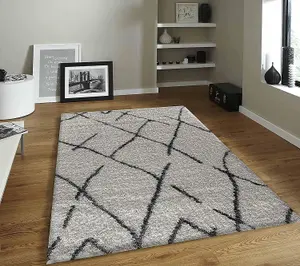 Modern Dark Cream Geometric Marrakesh Shaggy Area Rug, Deep Pile Living Room/Bedroom Patterned Shag Runner- 80x150 cm (540)