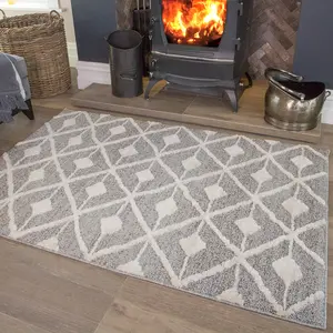 Grey White Diamond Geometric Plush Scandi Area Rug 200x290cm