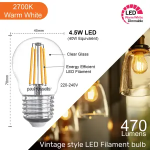 paul russells LED Filament Dimmable Golf Bulb, ES E27, 4.5W 470 Lumens, 40w Equivalent, 2700K Warm White, Pack of 6