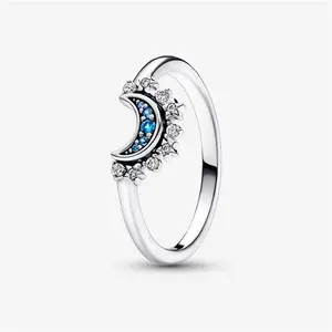 Pandora Celestial Blue Sparkling Moon Ring - Sterling Silver / Mixed Stone / Blue - Sz. 50