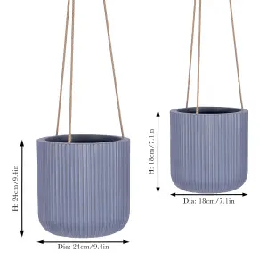 Set of 2 Blue Rippled Finish Hanging Pots Planter Indoor Outdoor Garden Houseplant Flower Plant Pots