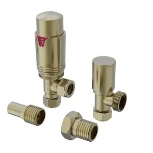 Rinse Bathrooms Thermostatic Radiator Valve 15mm Angled Radiator TRV + Lockshield for Heated Towel Rail Radiator Brushed Brass